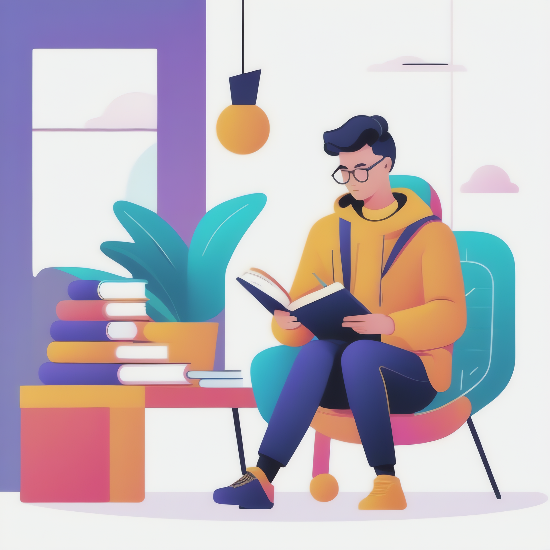 A person in a colorful chair reads a book surrounded by stacked books and a plant in a cozy, modern setting.