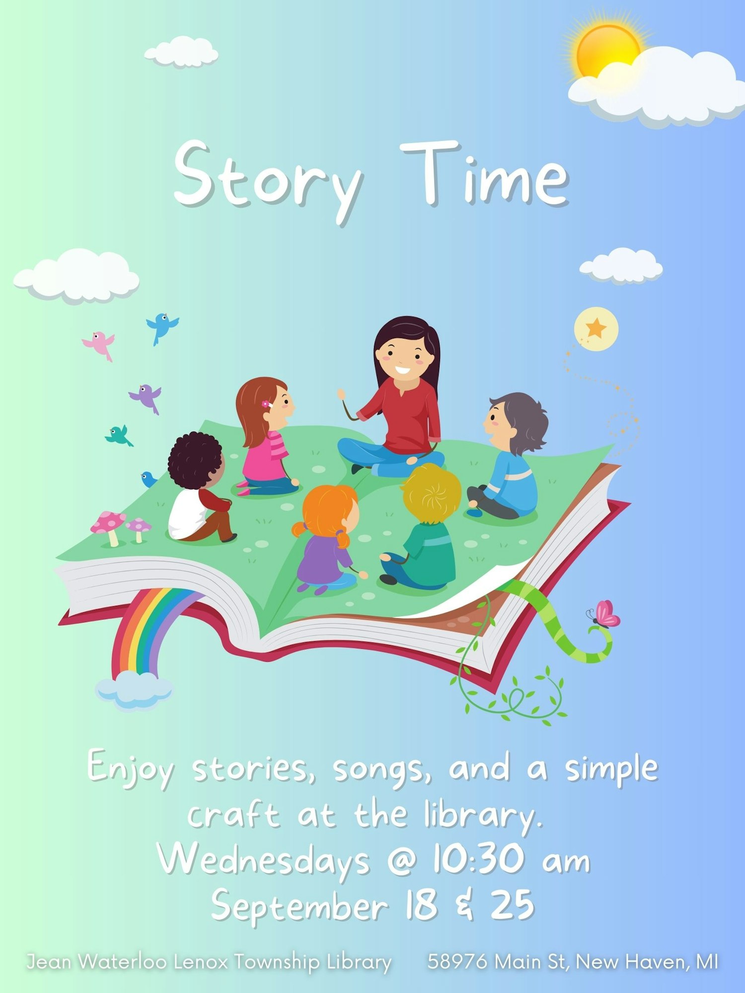 Illustration for a children's library story time featuring kids and a teacher on an open book, with a whimsical background.