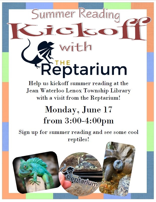 A flyer for a Summer Reading Kickoff event with reptiles, set for June 17 from 3-4pm at a library.