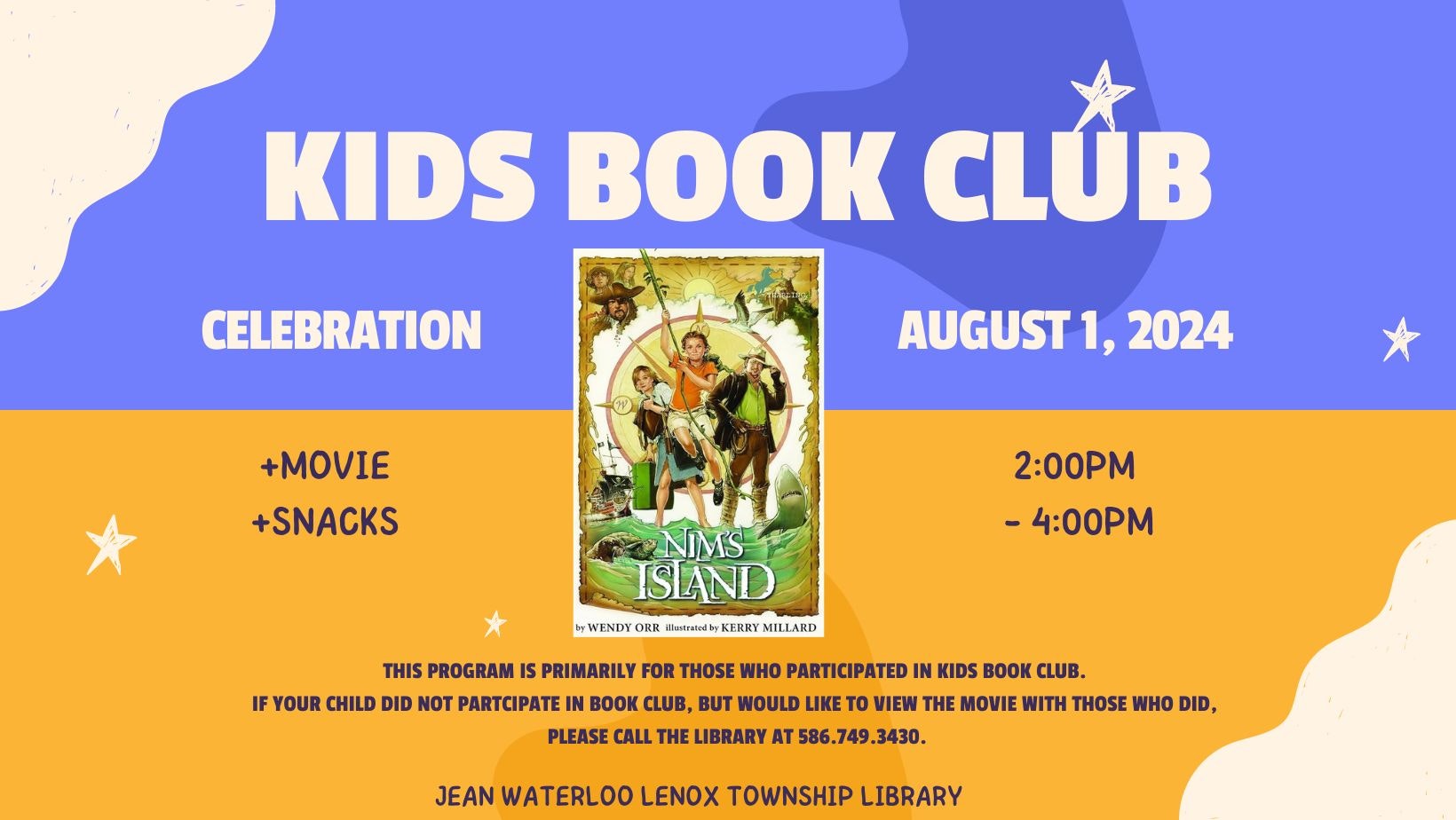 A flyer for a Kids Book Club celebration with a movie and snacks on August 1, 2024, from 2-4 PM at Jean Waterloo Lenox Township Library.