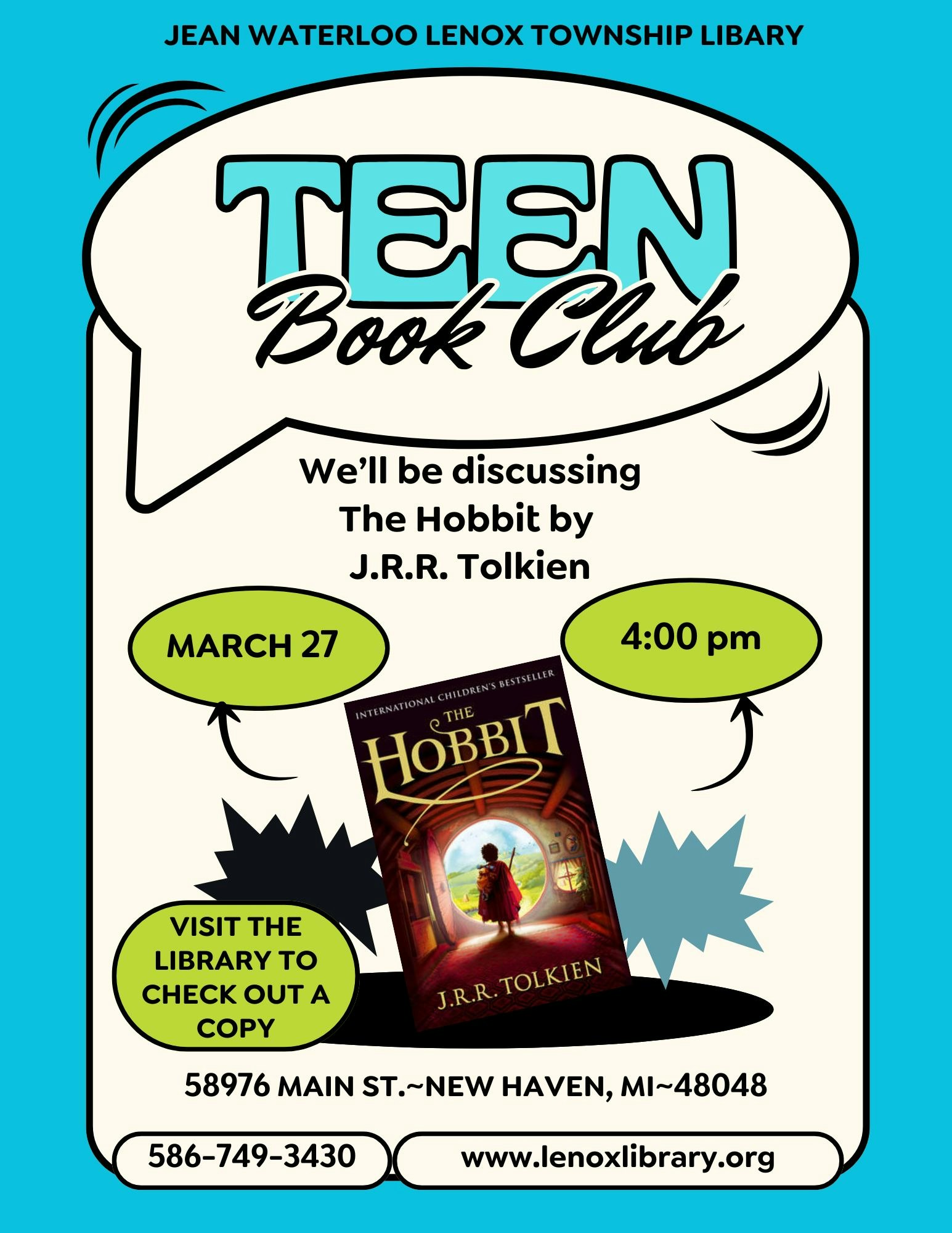 Teen Book Club discussing "The Hobbit" by J.R.R. Tolkien on March 27 at 4:00 pm. Visit Jean Waterloo Lenox Township Library.