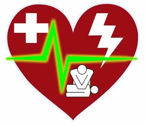 A red heart with a heartbeat line, a defibrillator icon, and medical symbols.