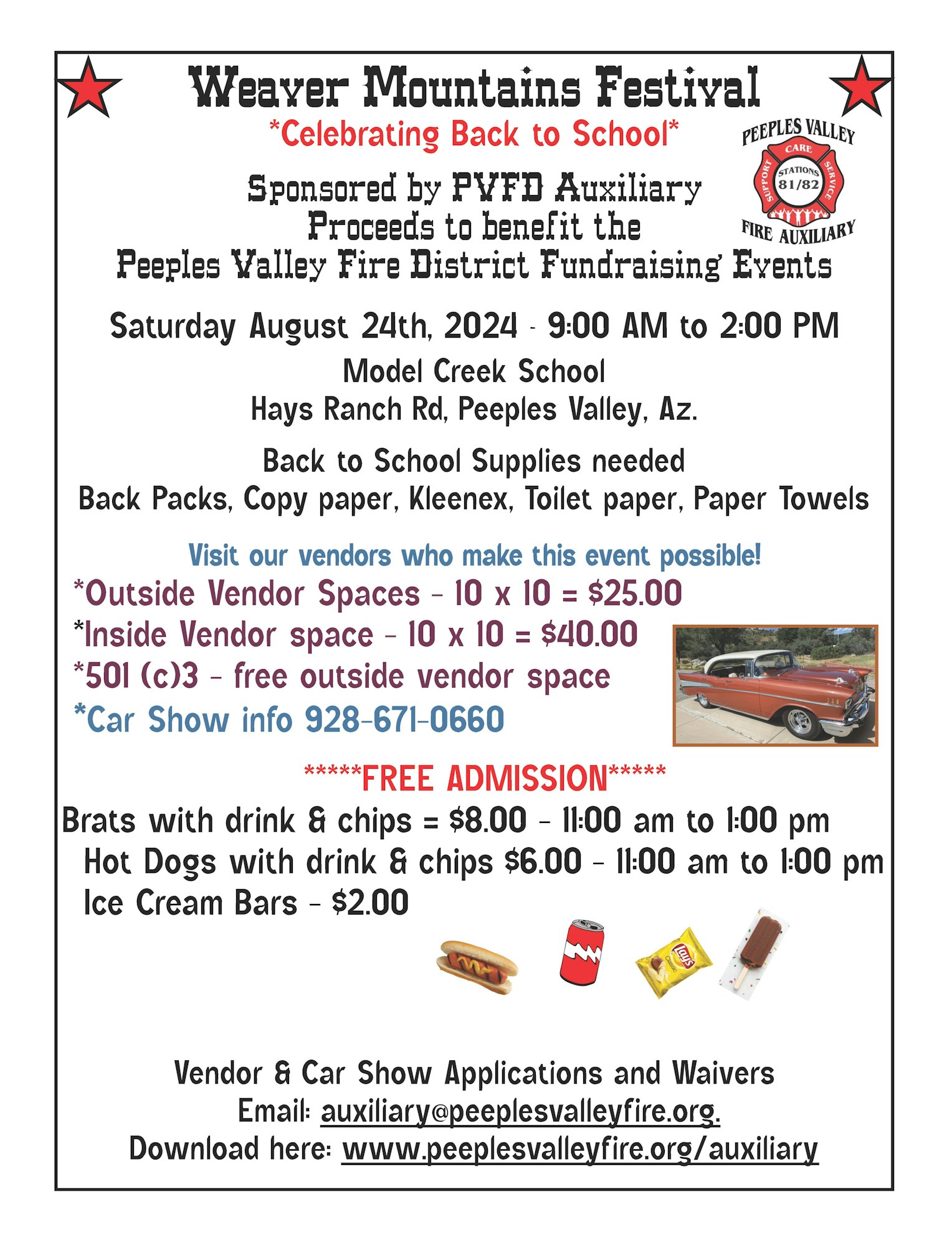 A flyer for the Weaver Mountains Festival, with details on location, time, vendors, car show, food prices, and contact information.