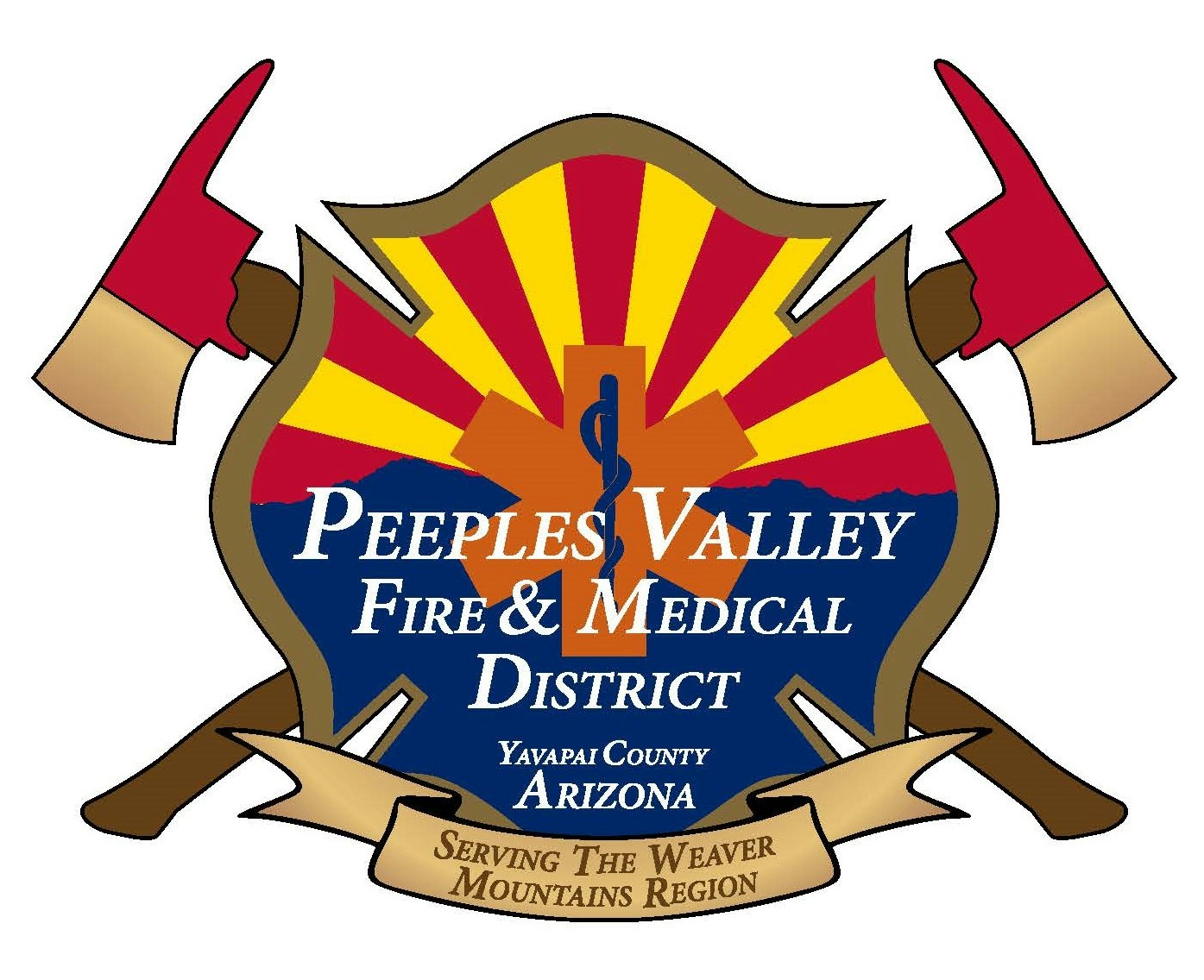 A logo for the Peeples Valley Fire & Medical District in Yavapai County, Arizona, featuring fire axes and a medical symbol.