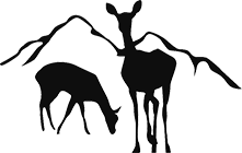 The image features silhouette-like figures of two deer near mountains.