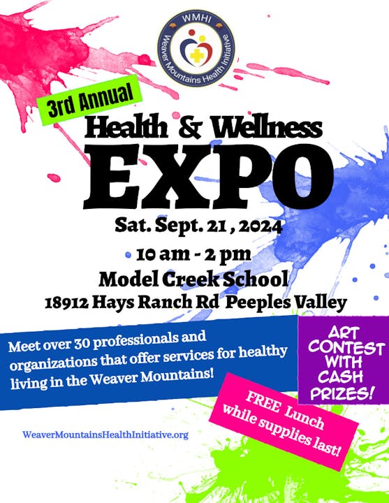 A colorful poster for the 3rd Annual Health & Wellness Expo on Sept. 21, 2024, with free lunch and an art contest.