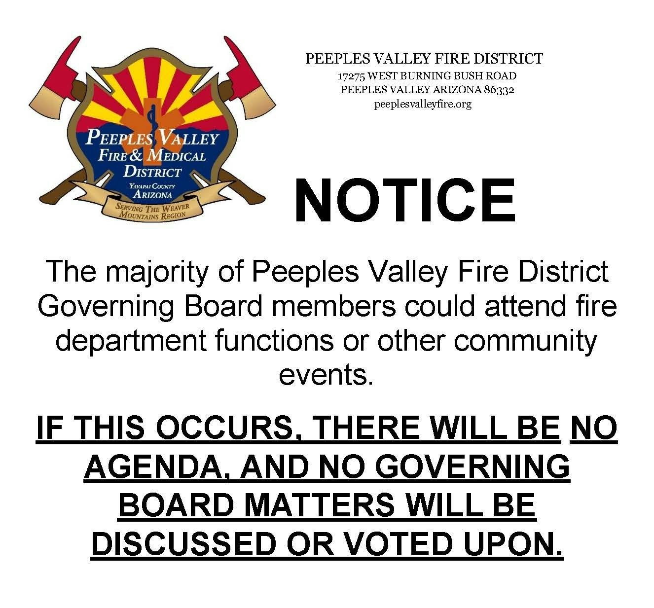 Notice that majority of Peeples Valley Fire District Board members may attend events, leading to no agenda or votes.