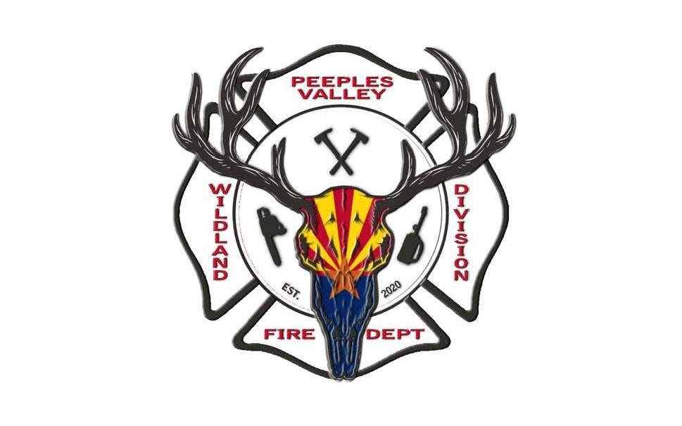 The image features a badge for the Peeples Valley Wildland Fire Department, showcasing a deer skull with antlers and tools.