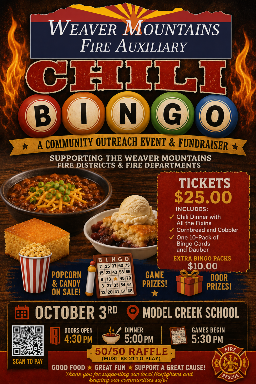 Chili Bingo event on October 3rd at Model Creek School. Tickets $25 include dinner and bingo. Supports local fire departments.