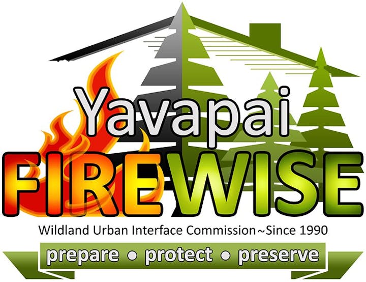 Logo of Yavapai Firewise, indicating fire prevention and forest management, with text "prepare, protect, preserve" since 1990.