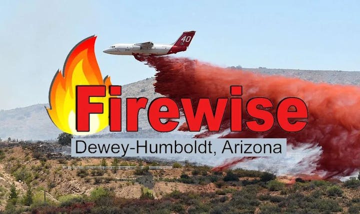 An airplane dropping fire retardant with "Firewise Dewey-Humboldt, Arizona" text overlay.