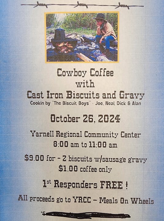 Flyer for a food event: "Cowboy Coffee with Cast Iron Biscuits and Gravy" on October 26, 2024. Proceeds to charity.