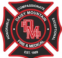 A logo of Daisy Mountain Fire & Medical, with values and establishment year.