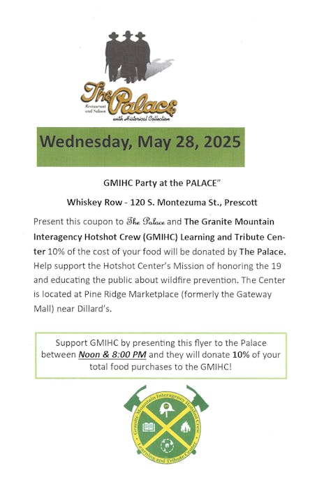 Flyer for "GMIHC Party at the PALACE" on May 28, 2025, in Prescott. 10% of purchases donated to GMIHC Learning Center with flyer.
