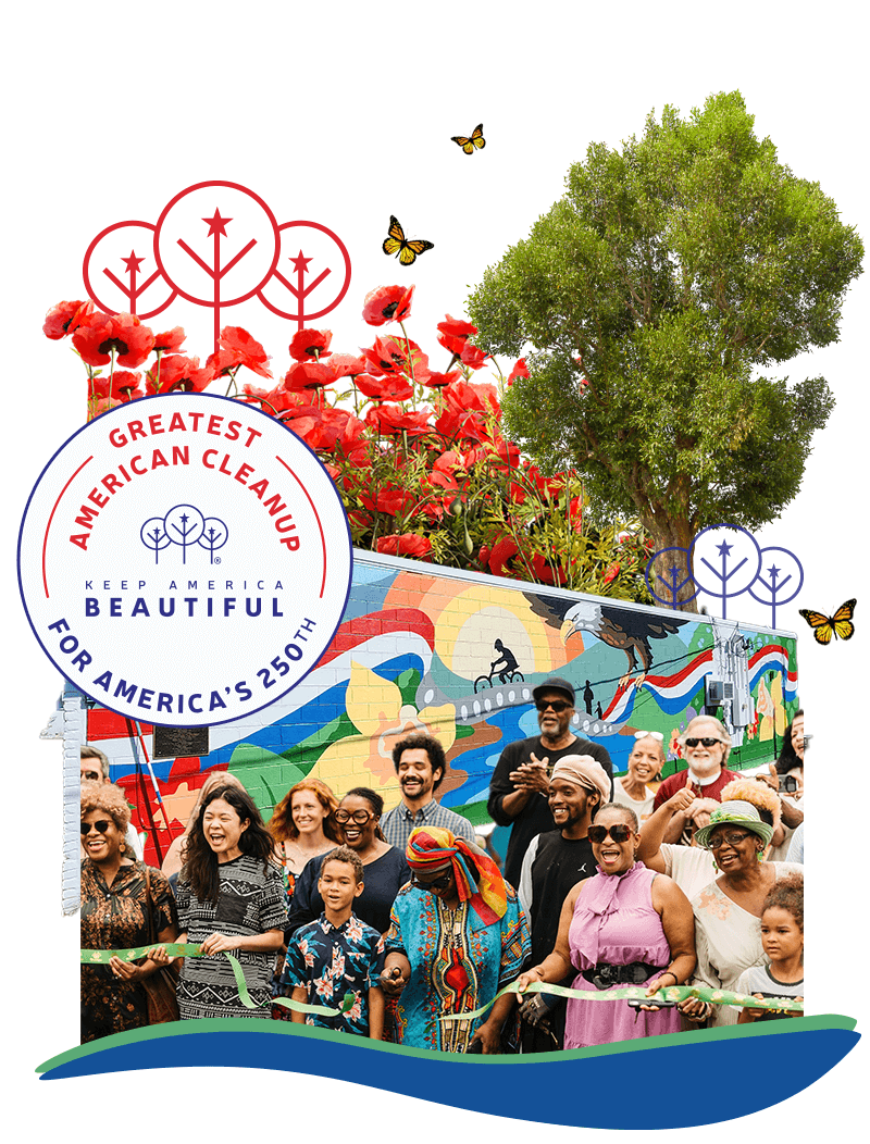 A community celebrates the Greatest American Cleanup with flowers, a mural, and people gathered for a ribbon-cutting event.