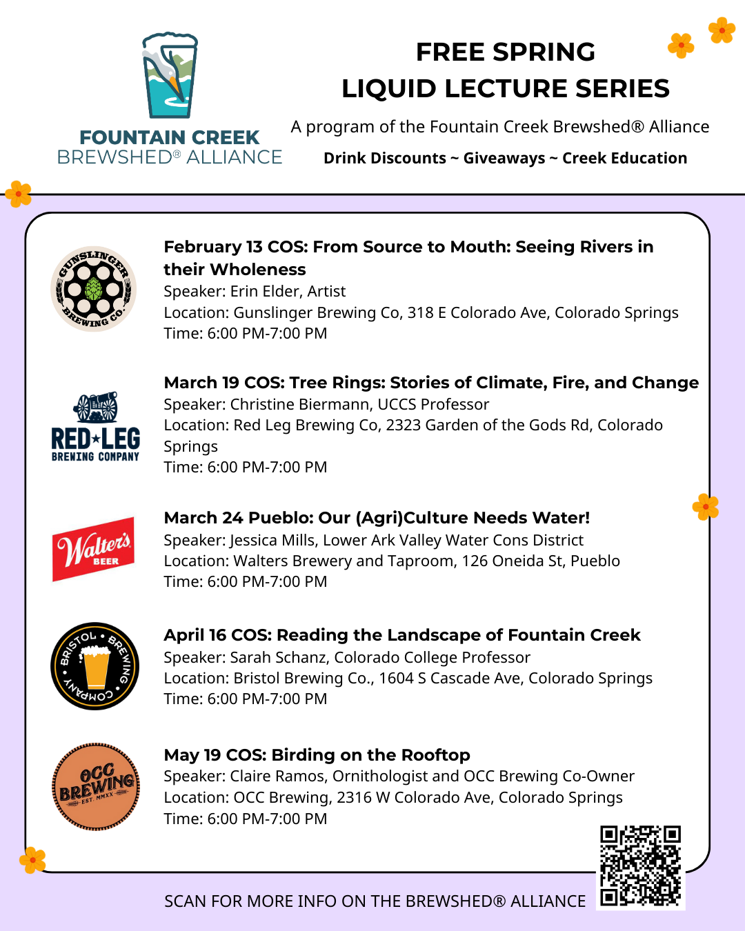 The image promotes a Spring Liquid Lecture Series by Fountain Creek Brewshed Alliance, featuring various speakers and topics.