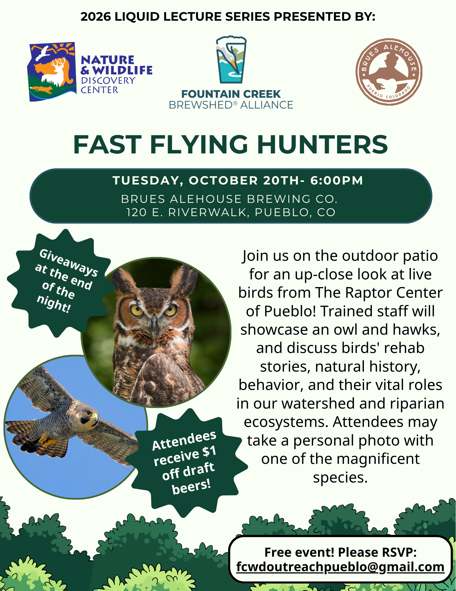 Join the "Fast Flying Hunters" lecture on Oct 20, 6 PM at Bruces Alehouse, Pueblo. Learn about birds, enjoy $1 off drafts!