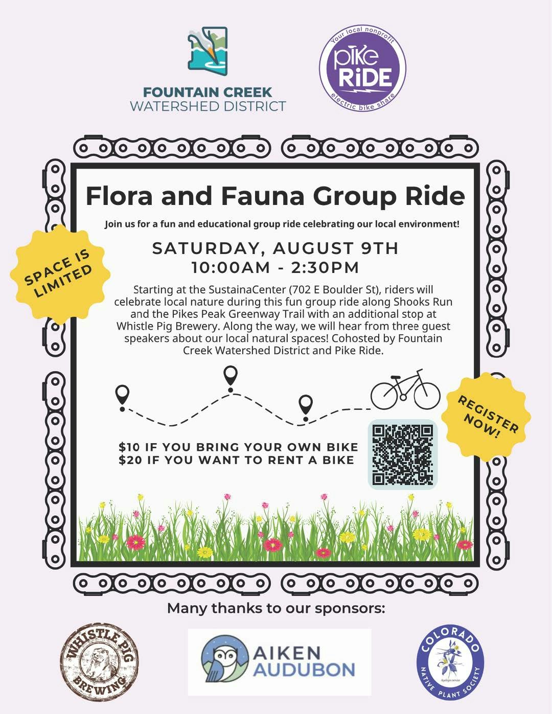 Flora and Fauna Group Ride on August 9th, 10:00 AM - 2:30 PM. $10 with own bike, $20 to rent. Register now; space is limited.