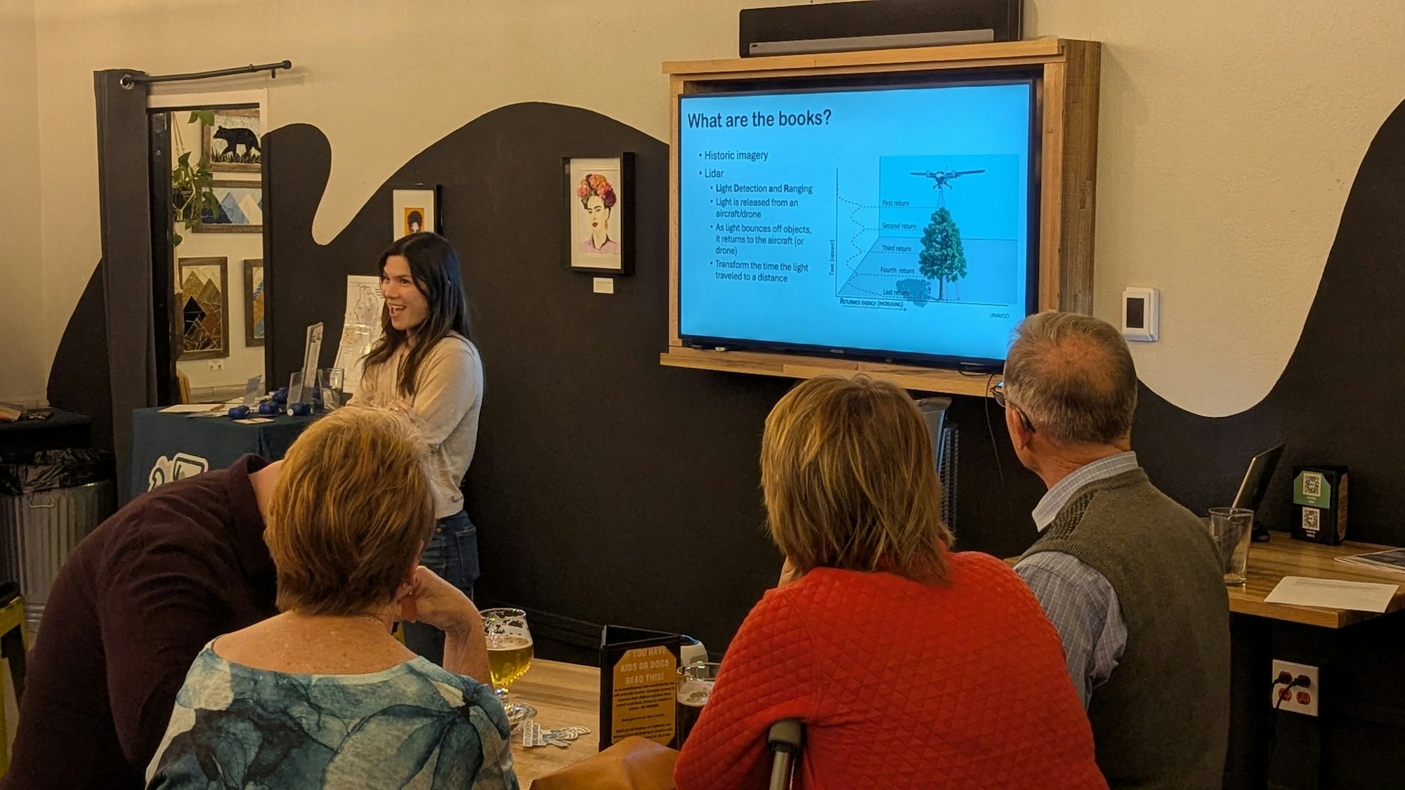 Dr Sarah Schanz, Colorado College, presenting to a group of people, discussing a slide on "Historic imagery" and "Lidar."