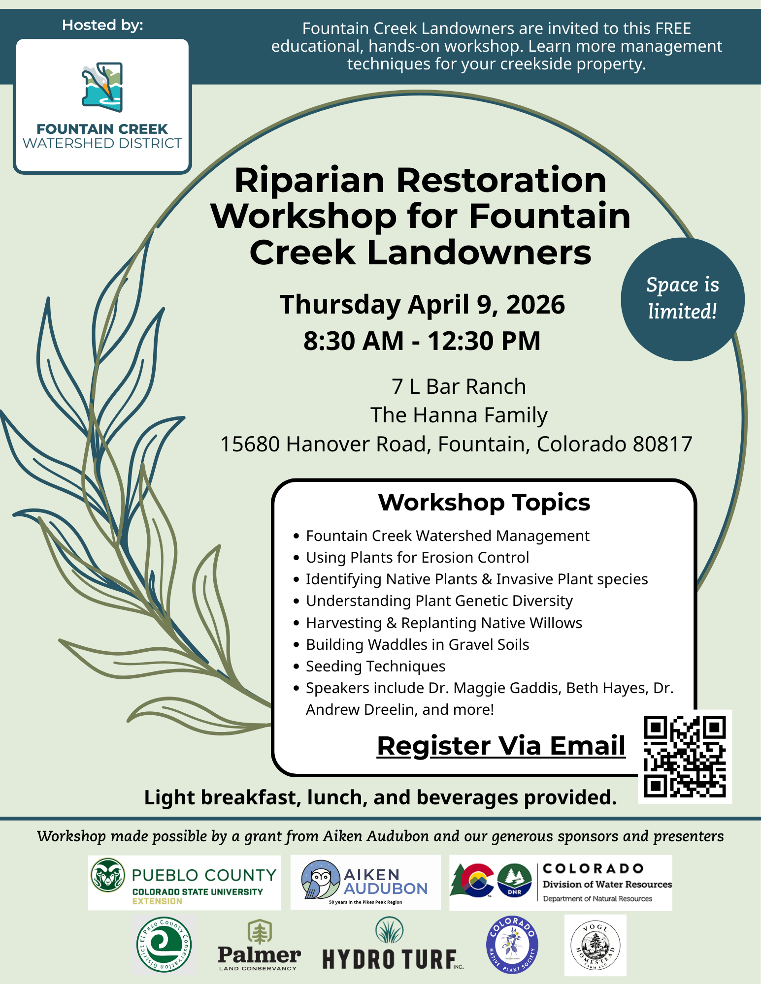 Flyer for a free Riparian Restoration Workshop on April 9, 2026, focused on creek management techniques for landowners.