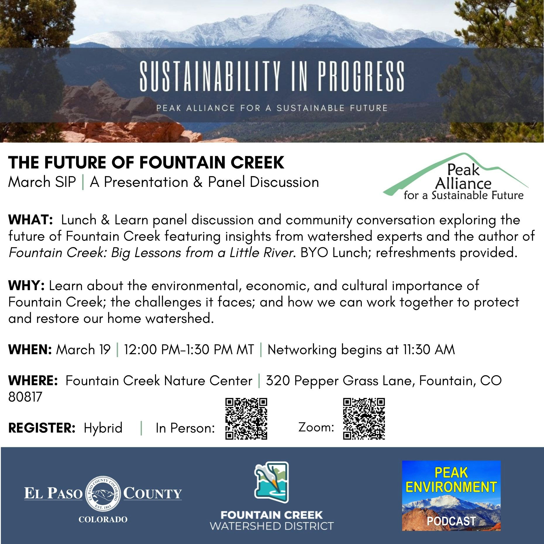 Event flyer for "The Future of Fountain Creek" on March 19, 12:00 PM at Fountain Creek Nature Center. Lunch, learn & networking.