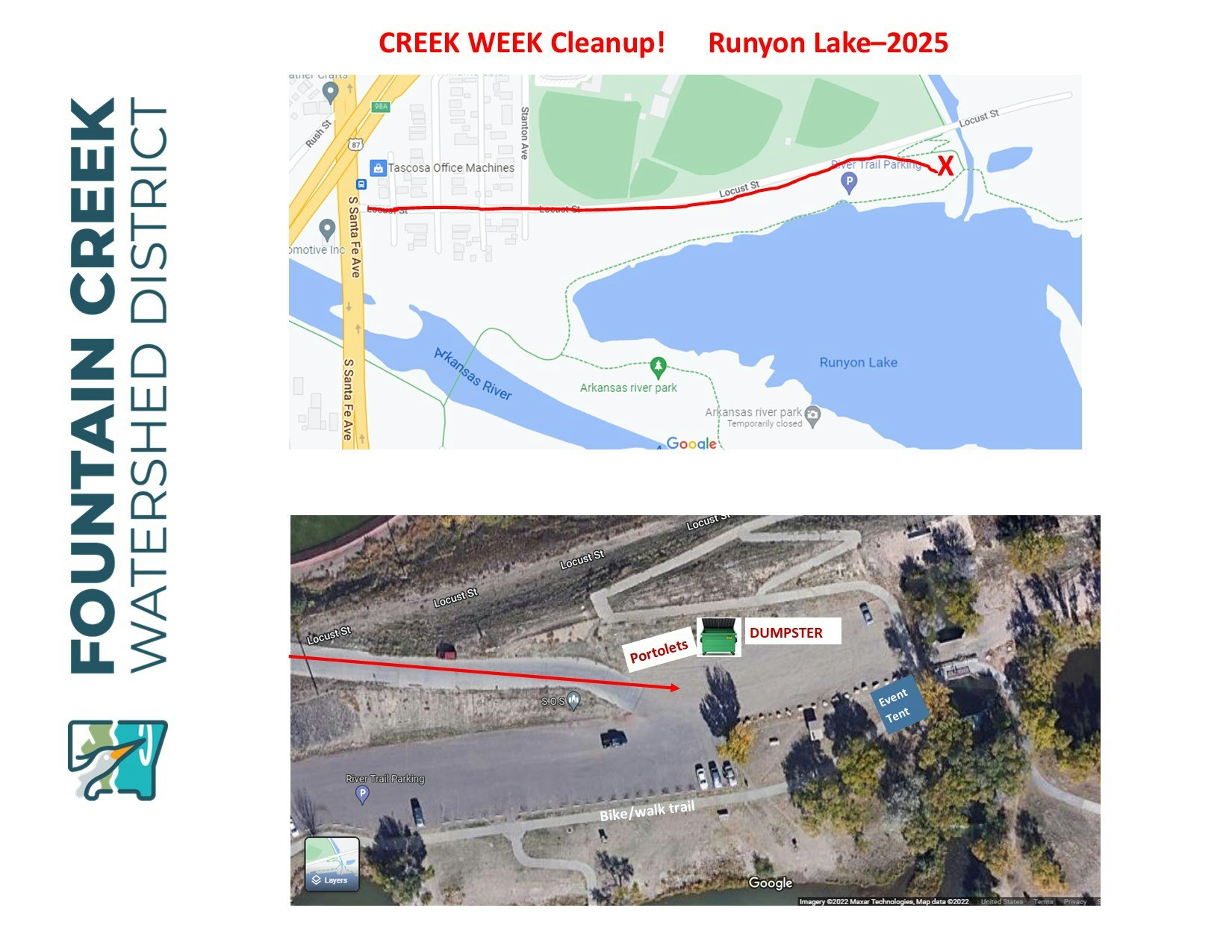 Map and aerial view of Runyon Lake for Creek Week Cleanup 2025. Includes trail, parking, dumpster, port-o-lets, and event tent locations.