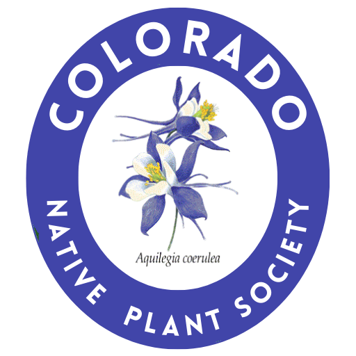 Logo of the Colorado Native Plant Society featuring a drawing of Aquilegia coerulea flowers.