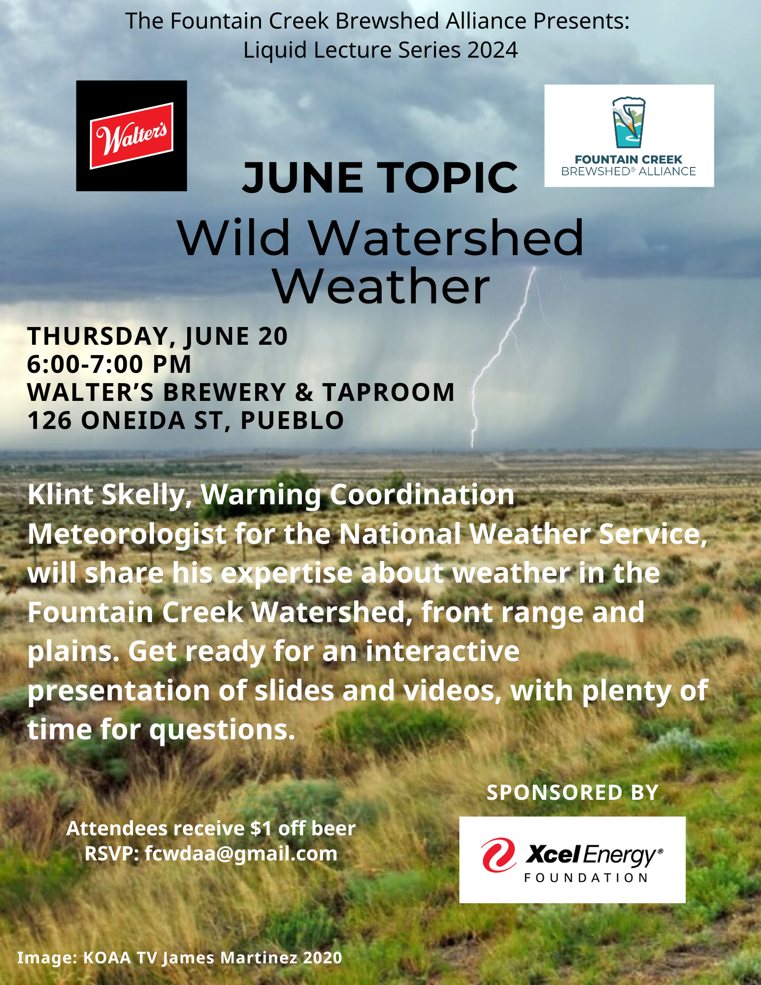 Event flyer for "Wild Watershed Weather" lecture on June 20 at Walter's Brewery, with discounts, RSVP info, and sponsors displayed.
