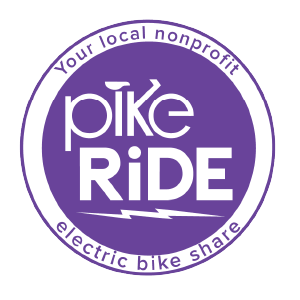 Purple circular logo with "pike RIDE" text, labeled as "Your local nonprofit electric bike share."