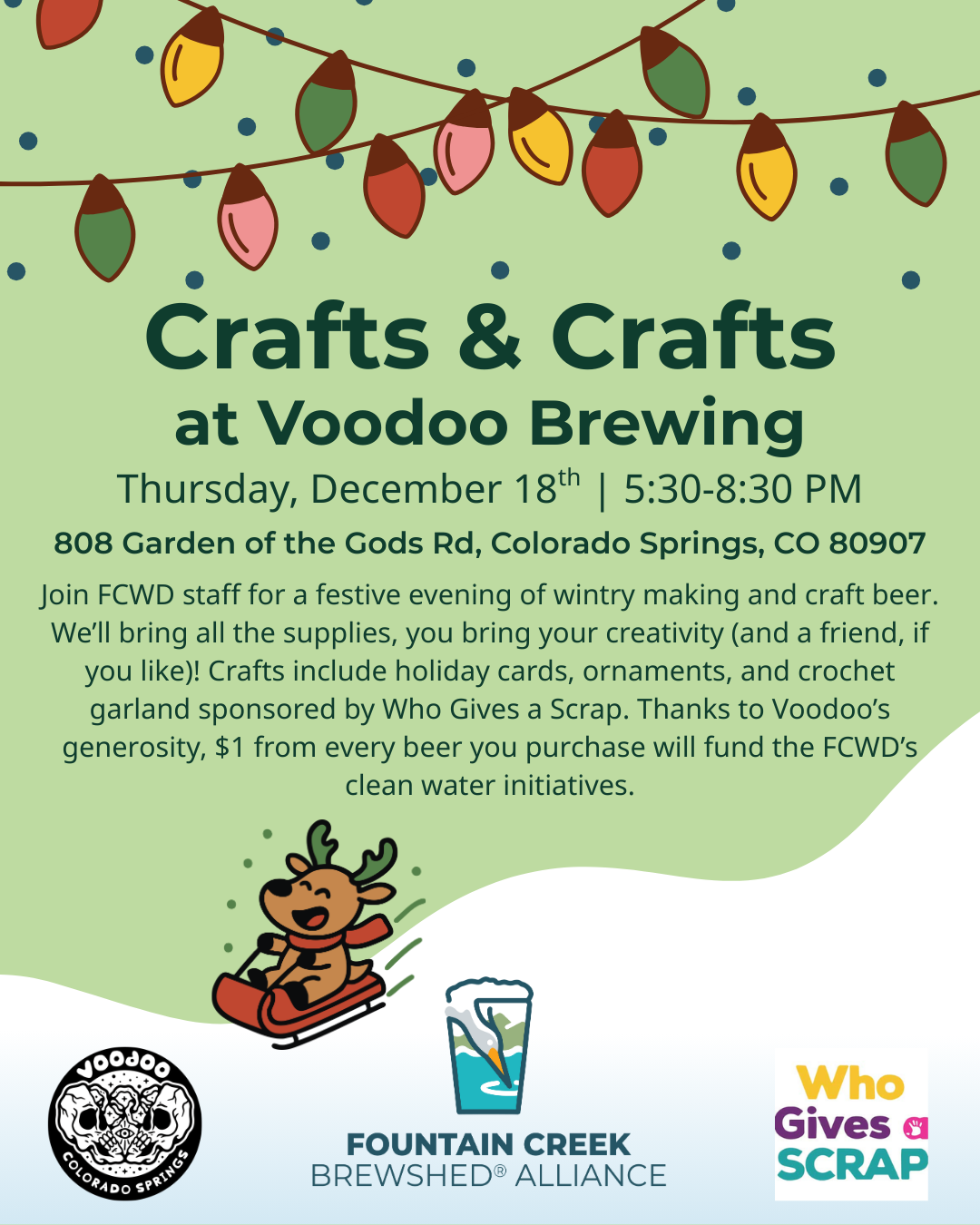 Crafts & Crafts event at Voodoo Brewing on Dec 18th, 5:30-8:30 PM. Enjoy making holiday crafts; $1 from each beer supports clean water.