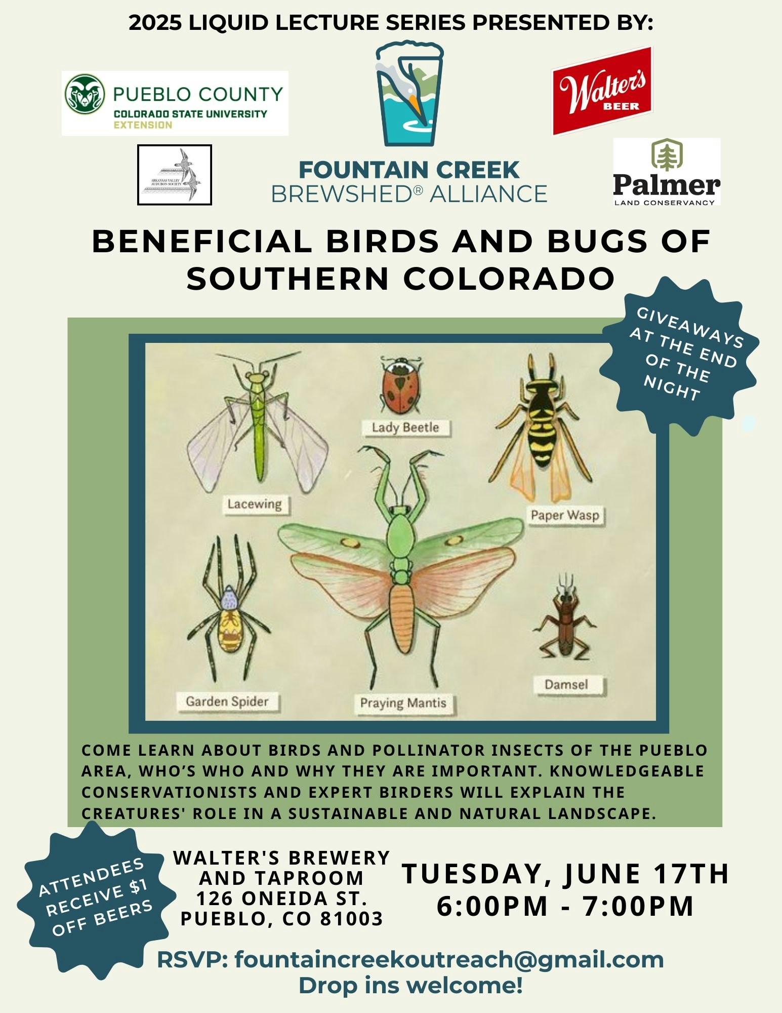 Flyer for a lecture on birds and bugs in Southern Colorado at Walter's Brewery, June 17th, 6 PM. Giveaways and $1 off beers.