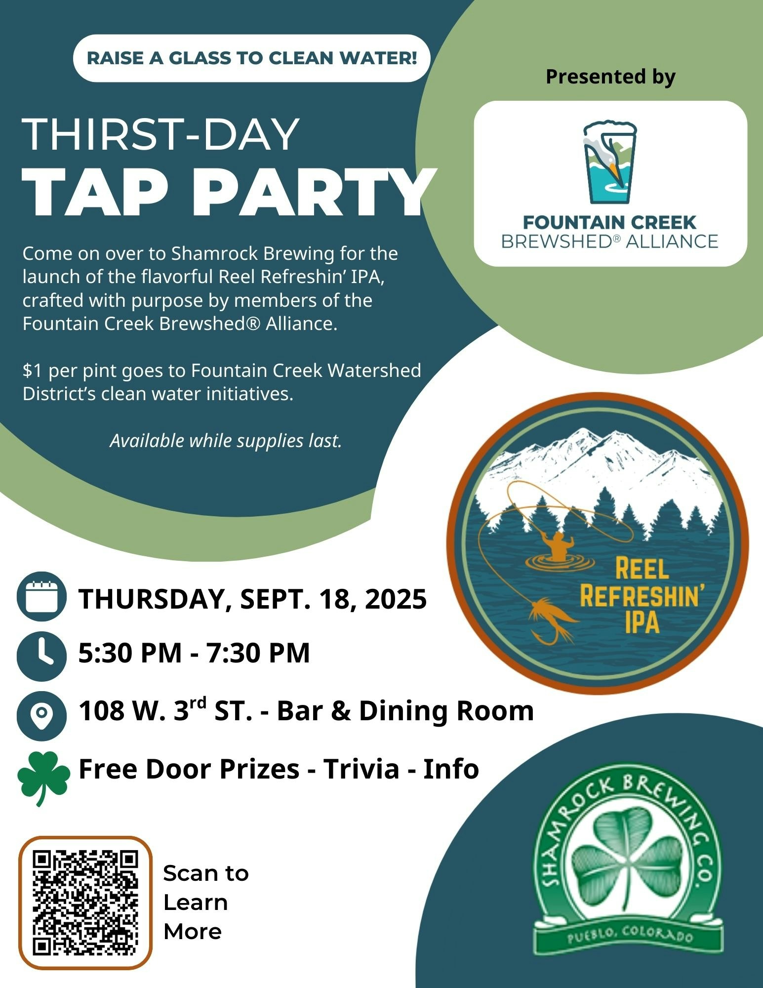 Thirst-Day Tap Party for Reel Refreshin’ IPA at Shamrock Brewing, Sept. 18, 2025, 5:30 PM. $1/pint supports clean water initiatives.