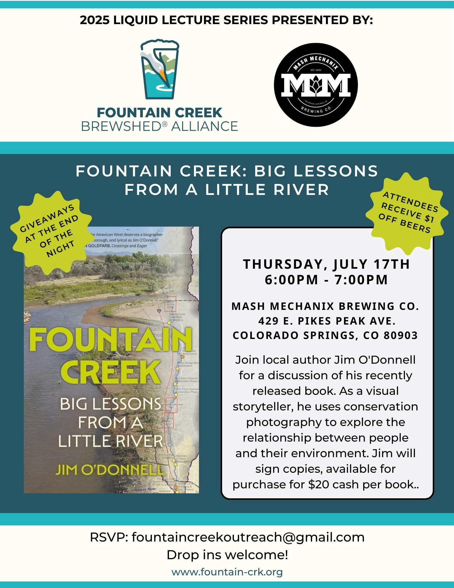 Event poster for Jim O'Donnell's book discussion on July 17 at Mash Mechanix Brewing Co, with giveaways and $1 off beers.
