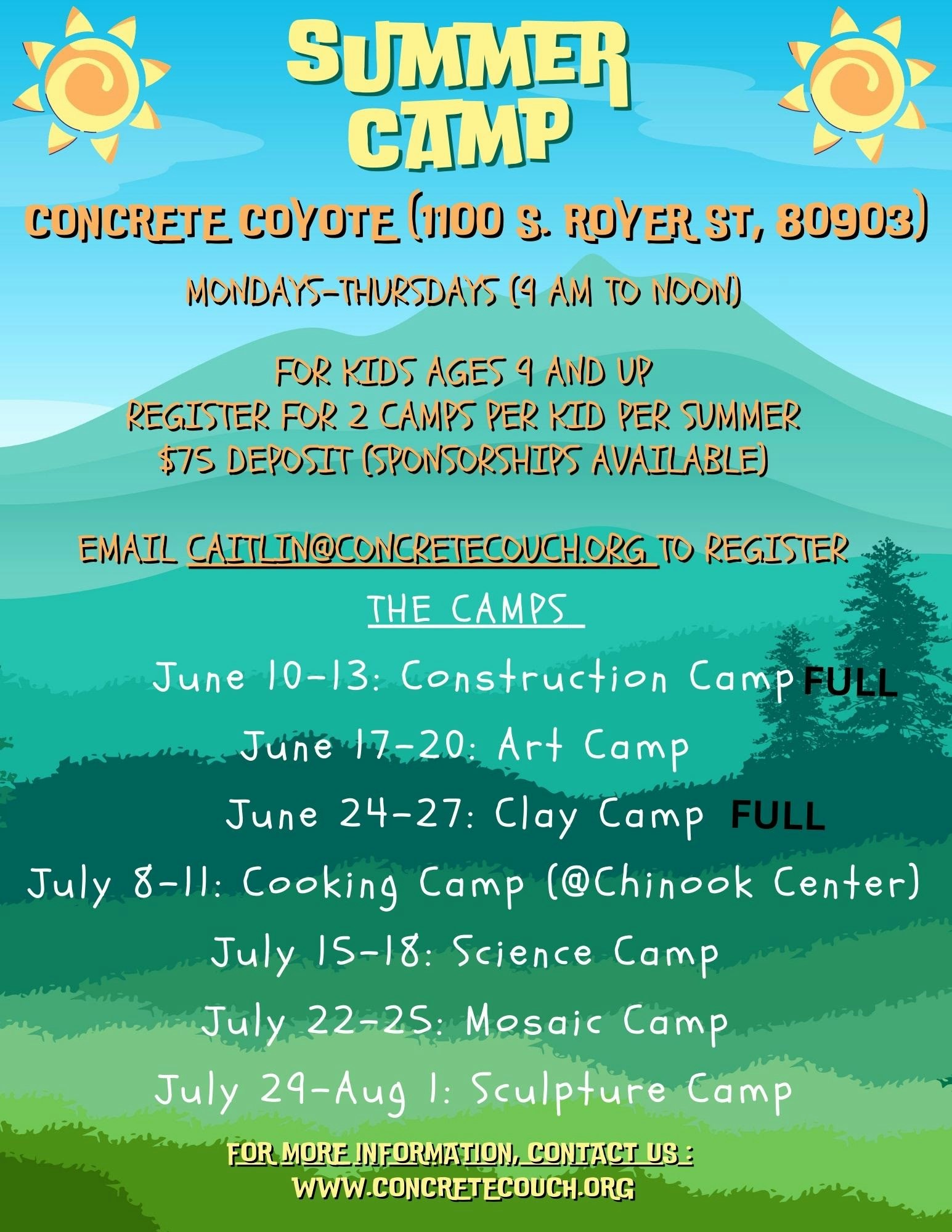 A colorful flyer for a Summer Camp at Concrete Coyote, with dates and types of camps listed, and a sunny, hilly background.