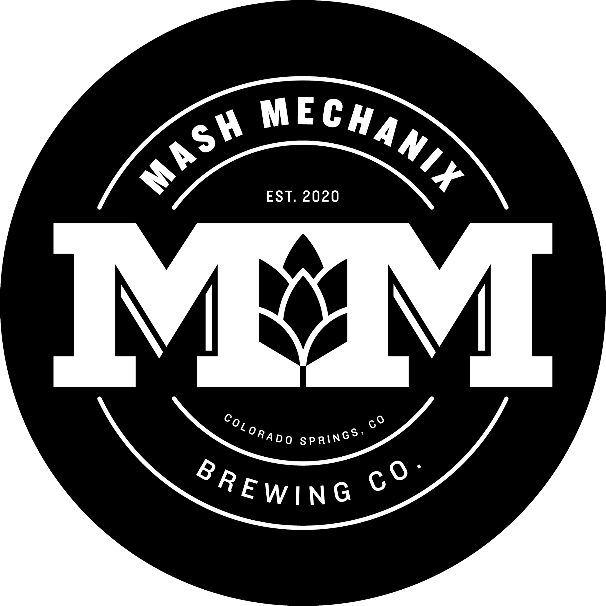 Logo for "Mash Mechanix Brewing Co." established in 2020, featuring "MM" and a stylized hop cone.