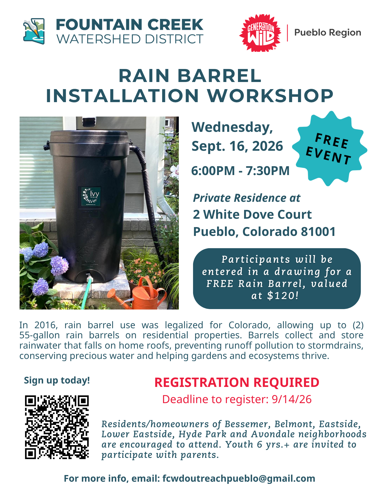 Rain barrel installation workshop on Sept. 16, 2026, in Pueblo. Free event; register by 9/14/26 for a chance to win a barrel!