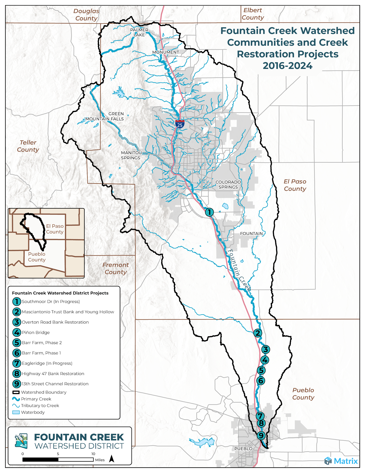 A map showing the Fountain Creek Watershed with communities and creek restoration projects planned from 2016 to 2024.