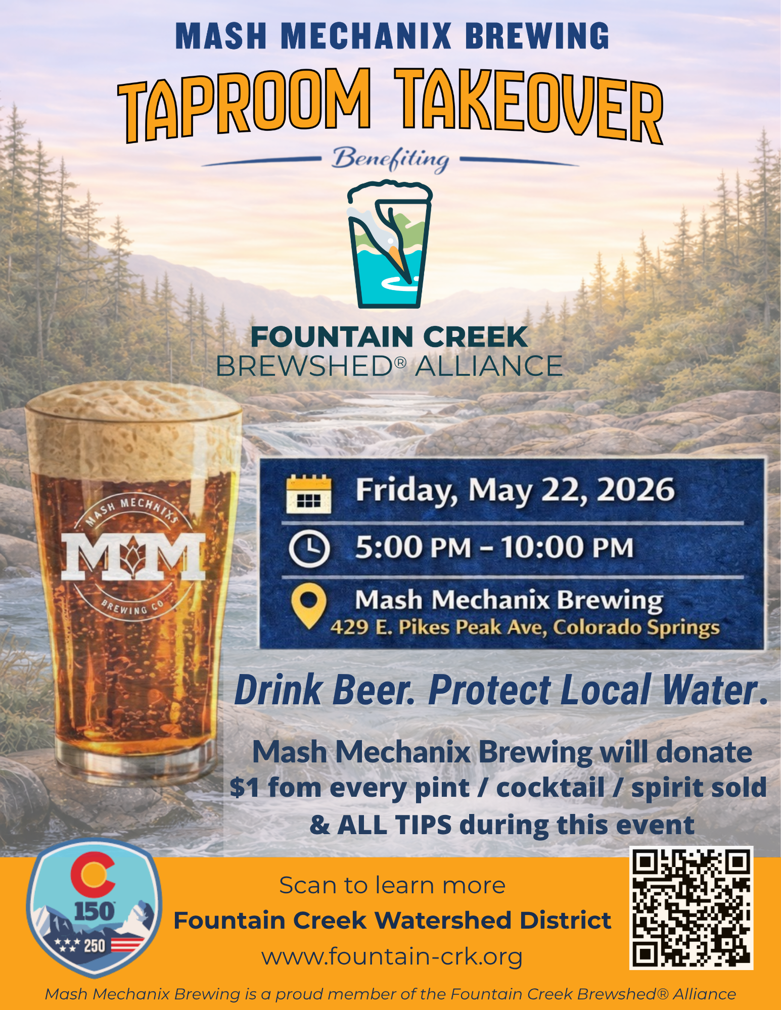 Mash Mechanix Brewing hosts a Taproom Takeover on May 22, 2026, benefiting Fountain Creek Alliance. Drink beer, protect water!