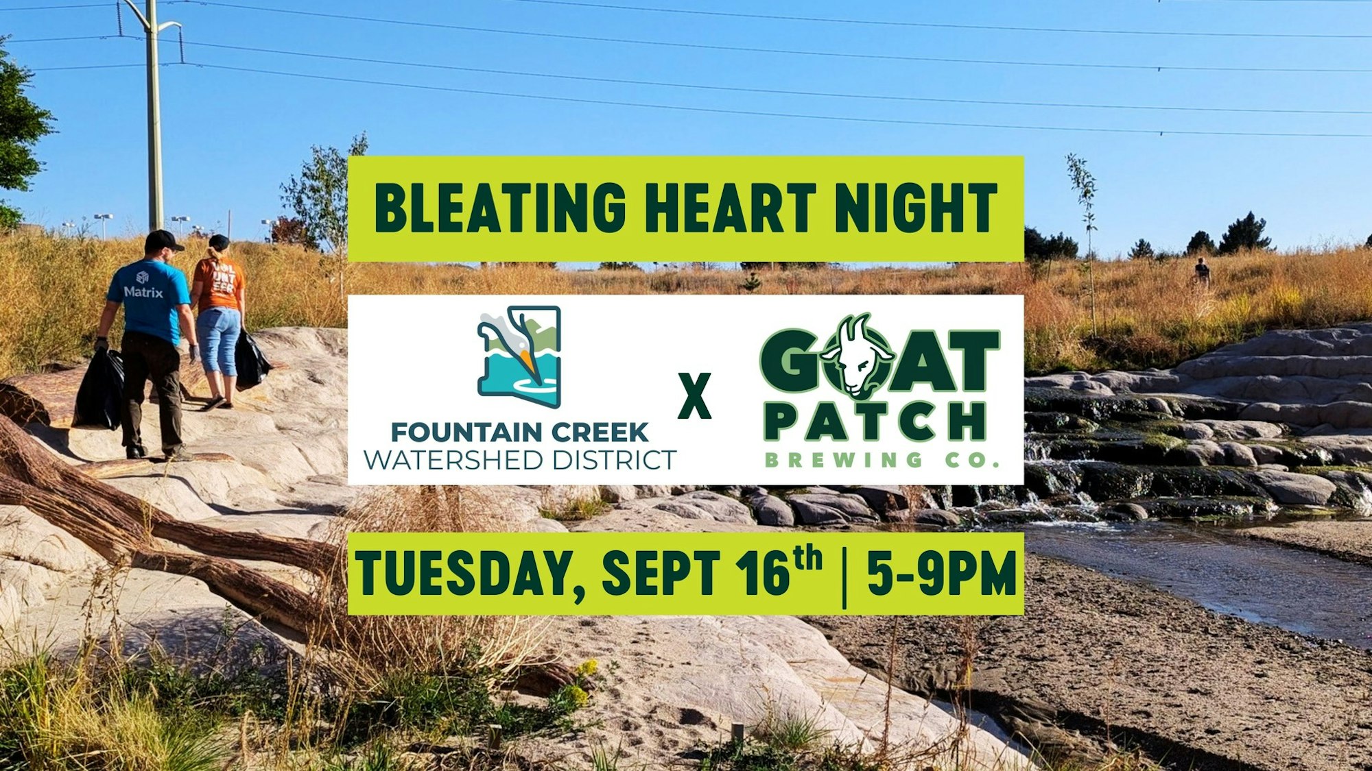 Event poster for "Bleating Heart Night" by Fountain Creek Watershed and Goat Patch Brewing, on Tuesday, Sept 16th, 5-9 PM.