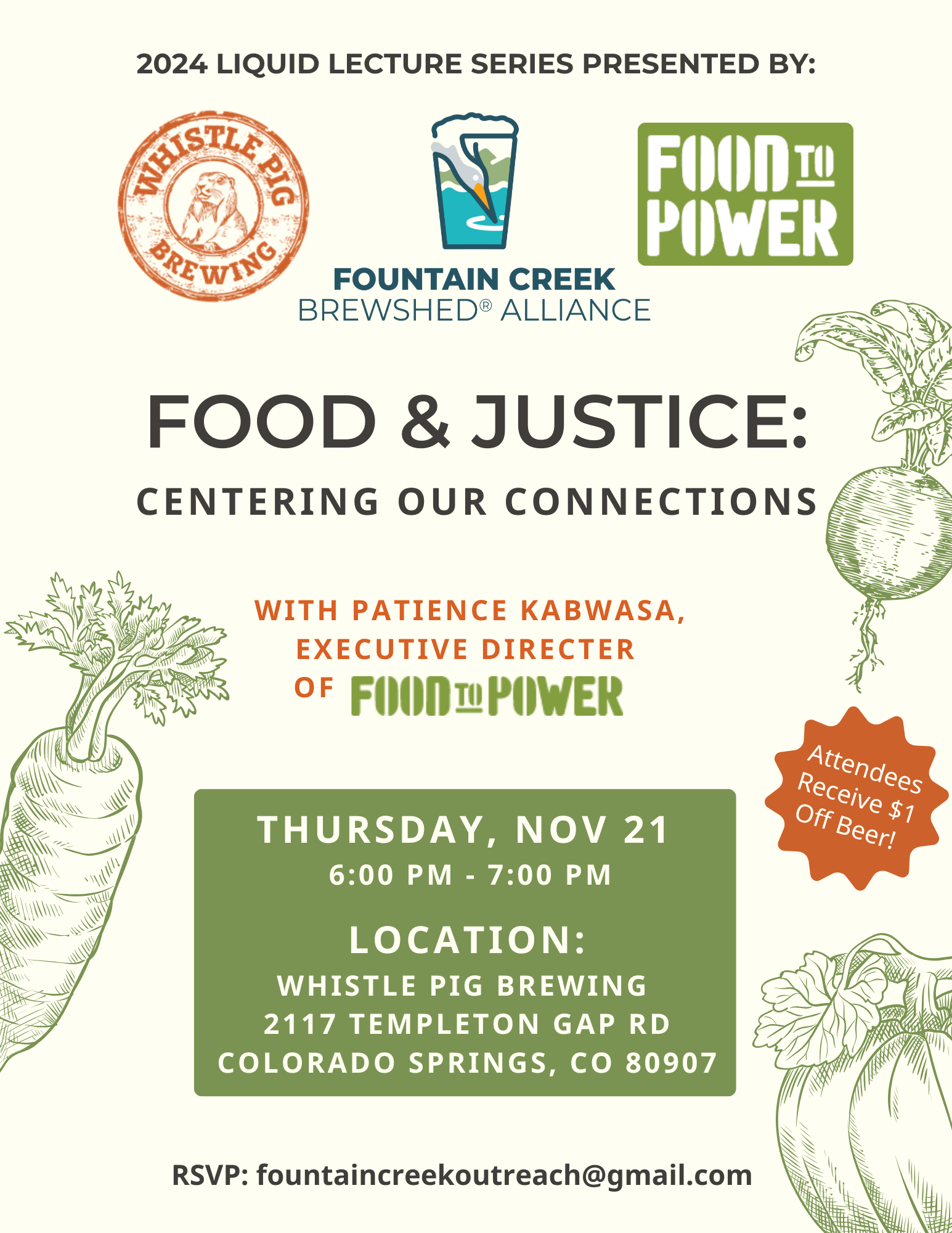 A poster for a "Food & Justice" lecture event with logos, event details, a discount on beer, and an RSVP email.