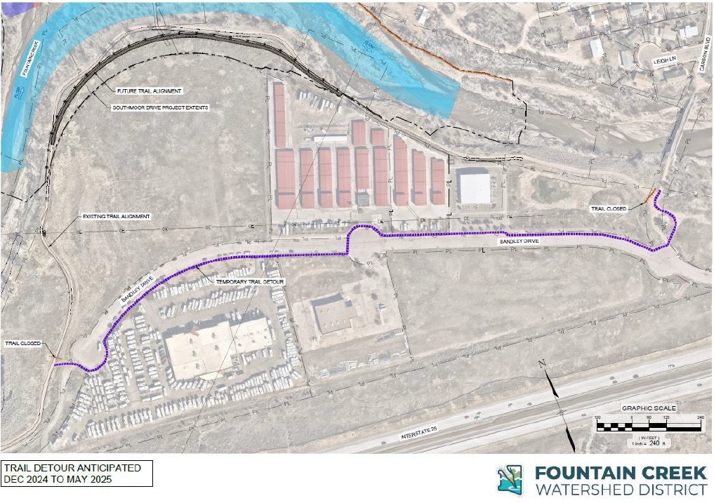 Map showing a temporary trail detour from Dec 2024 to May 2025, with trail closure sections marked.