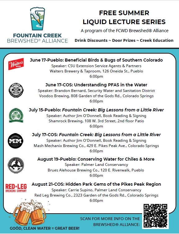 Free Summer Liquid Lecture Series by Fountain Creek Brewshed Alliance, featuring talks on wildlife, water, and conservation, June-August 2025.