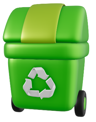 A green recycling bin with a lid and wheels, featuring the recycling symbol.