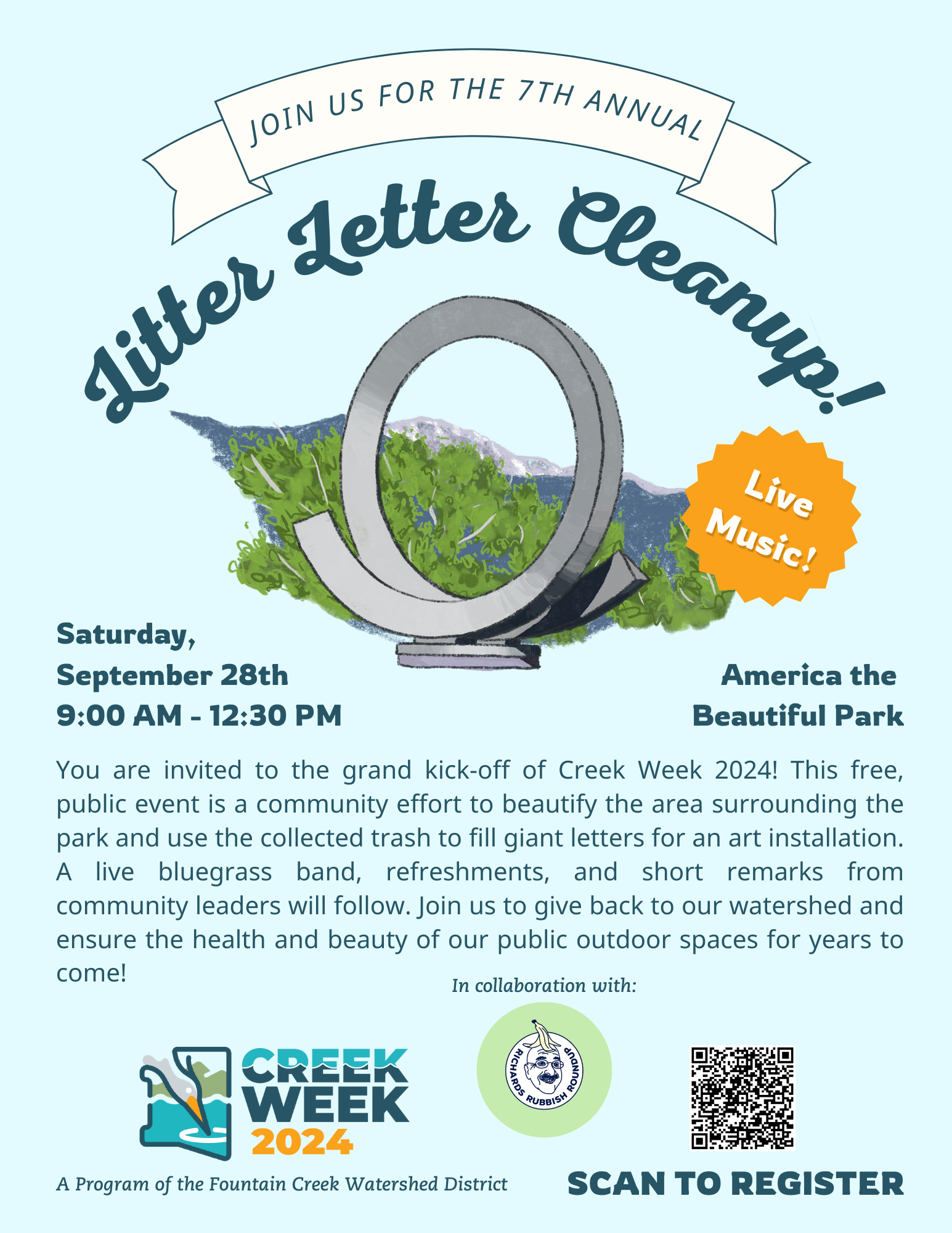 An event flyer for the 7th Annual Litter Letter Cleanup with date, time, details, and a QR code to register.