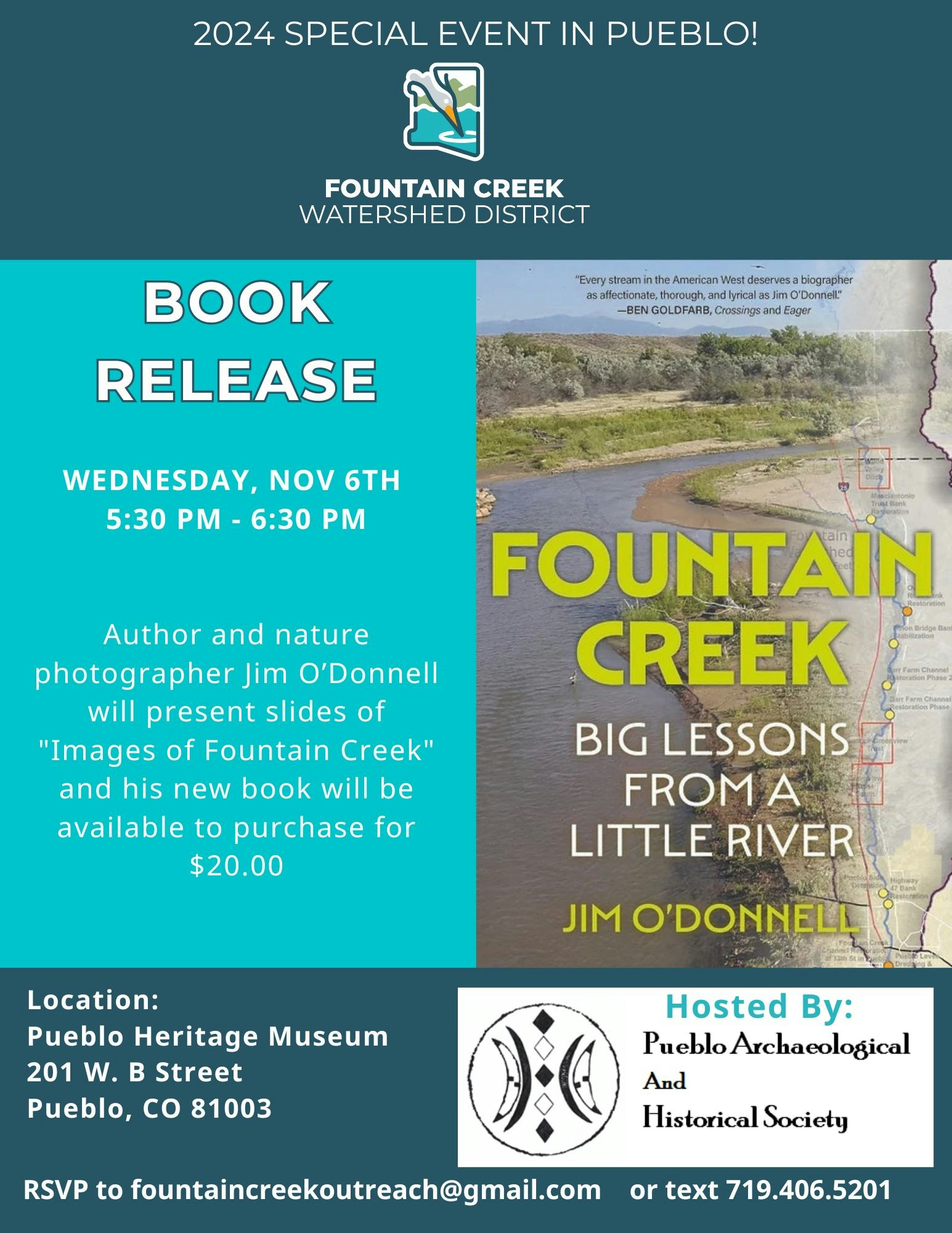 Image of flyer for book release event for "Fountain Creek: Big Lessons from a Little River" by Jim O'Donnell on Nov 6th at Pueblo Heritage Museum.