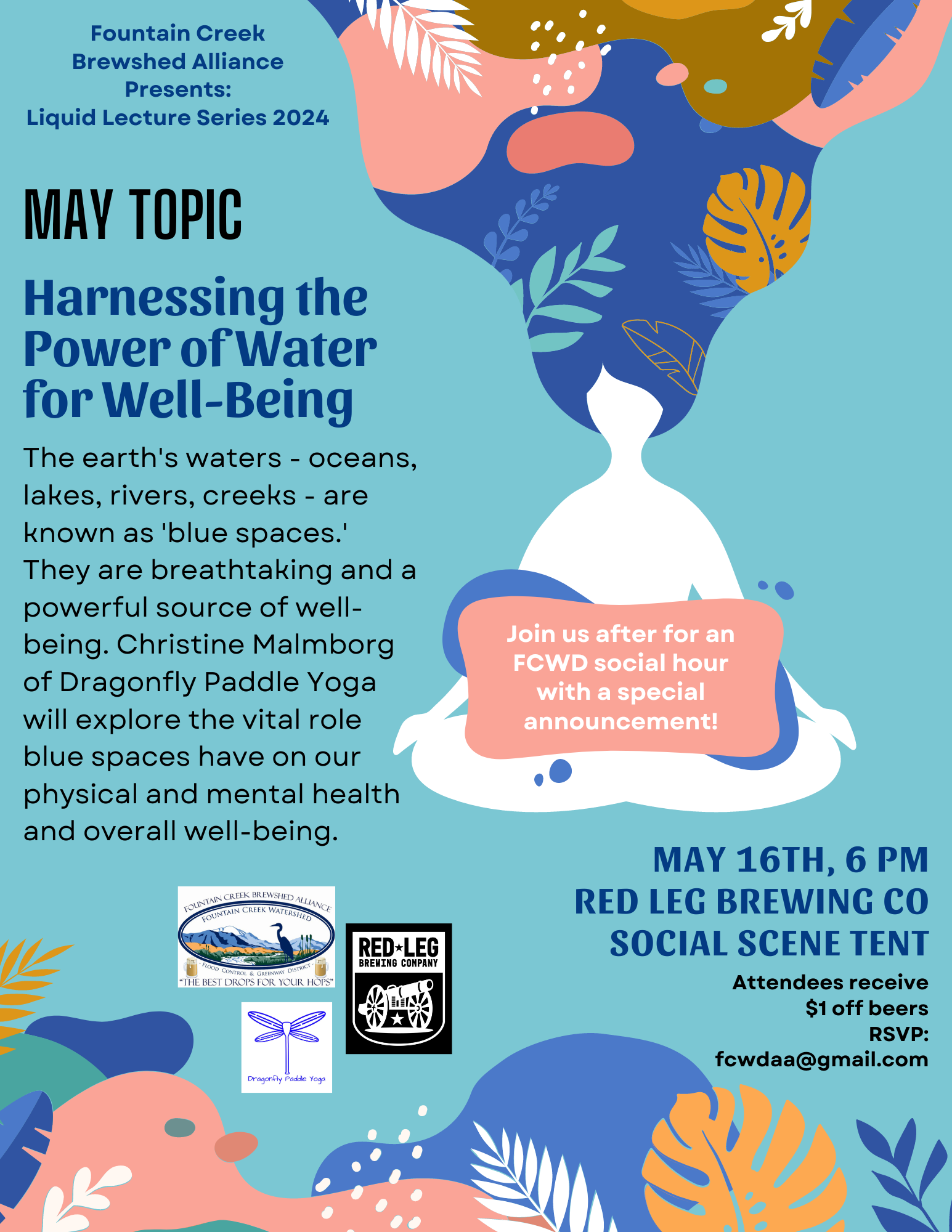 An event flyer for the May Liquid Lecture on Well-Being with description and decorative elements