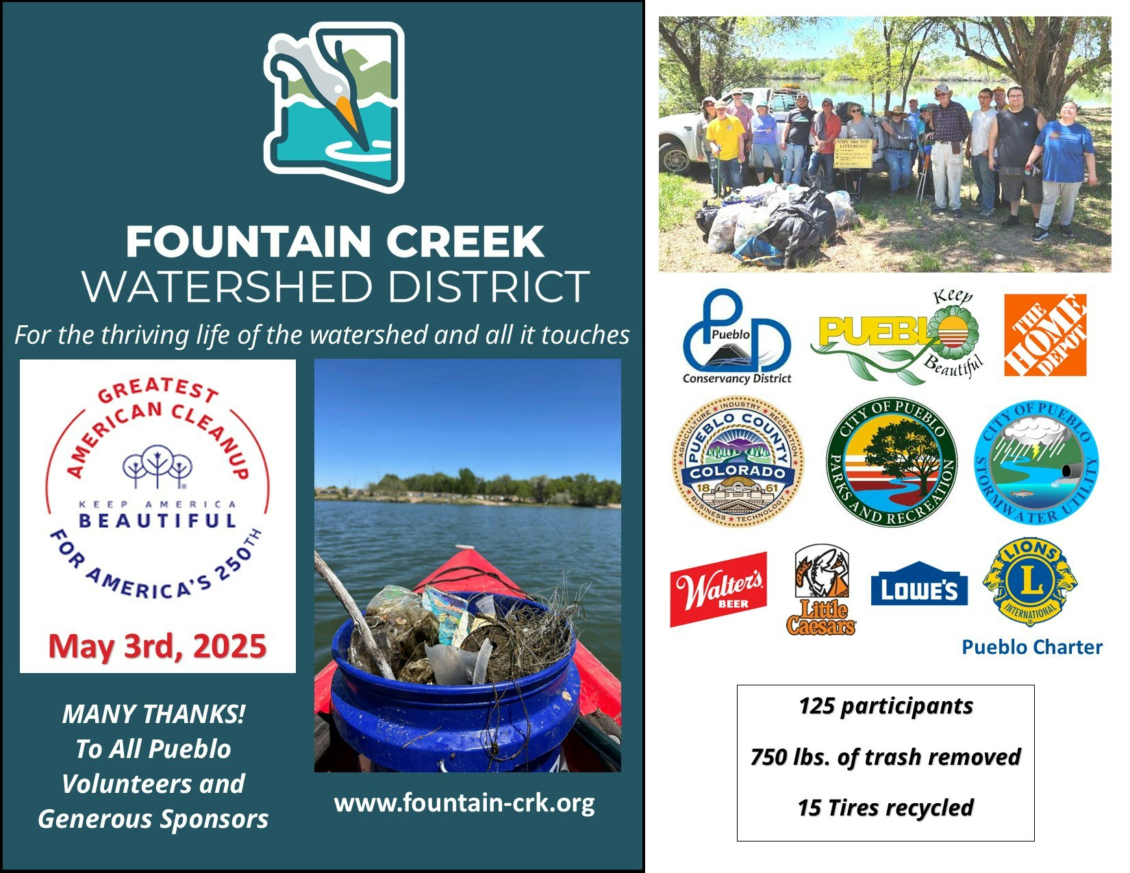 Fountain Creek cleanup event on May 3, 2025, with sponsors' logos, 125 participants, 750 lbs of trash removed, 15 tires recycled.
