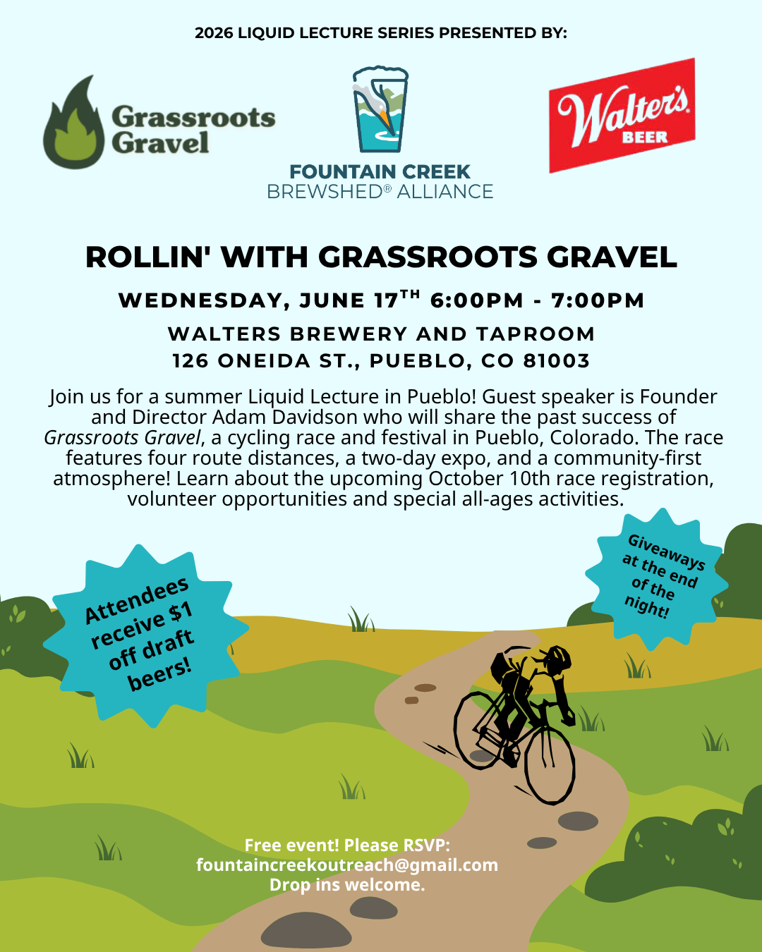 Event on June 17 at Walters Brewery, Pueblo. Discuss Grassroots Gravel cycling race & community activities. $1 off beers and giveaways!