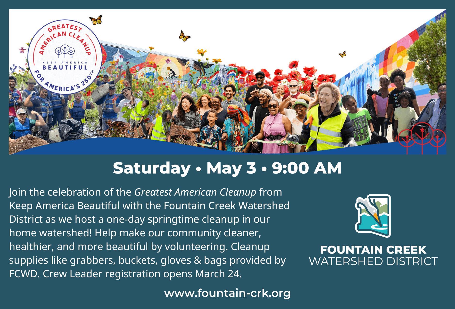 Community cleanup event on Saturday, May 3, at 9:00 AM with the Fountain Creek Watershed District. Supplies provided.