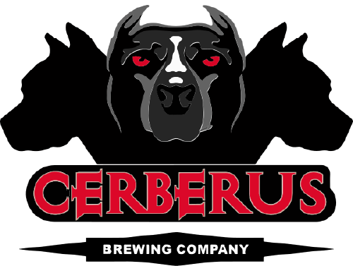 Cerberus Brewing Company logo with a stylized dog's head and red eyes above the text.